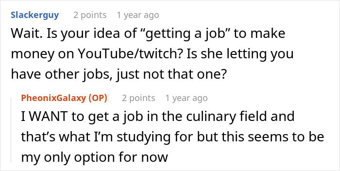 Screenshot of a Reddit conversation about a teen discussing babysitting and wanting a job in the culinary field.