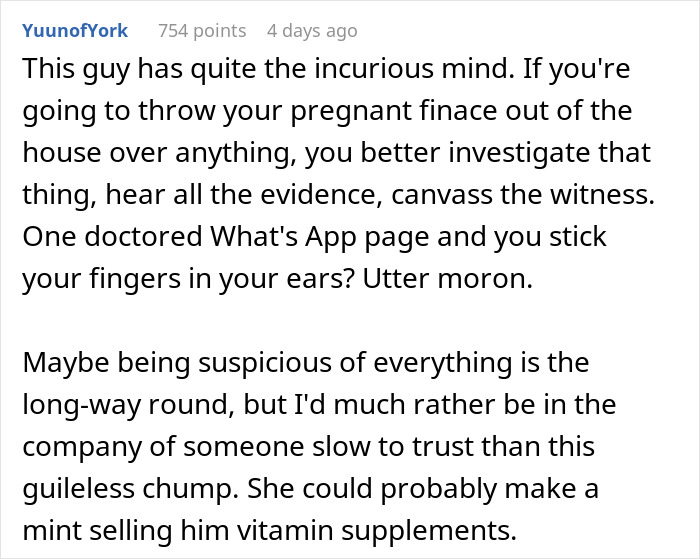 Comment discussing a teen forging texts to sabotage dad's relationship with pregnant fianc&eacute;e, highlighting suspicion and mistrust.