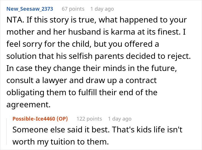 Reddit discussion about parents, kid care, and parenting with advice on handling selfish parents and legal agreements.