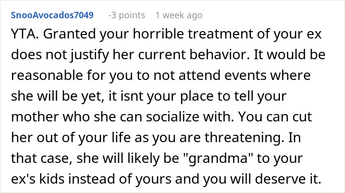 Text comment discussing a man threatening to cut off his mother after she remains friends with his vengeful ex. - 57