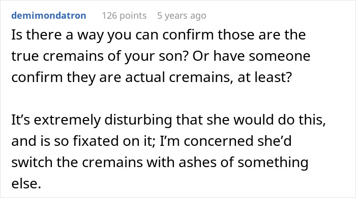 Comment discussing concerns about an entitled grandma causing family drama after stealing grandson&rsquo;s ashes.