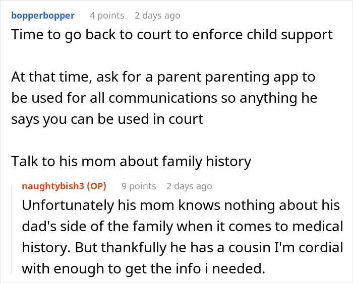 Text conversation about legal steps to enforce child support and discussing family history with relatives related to a deadbeat dad case.