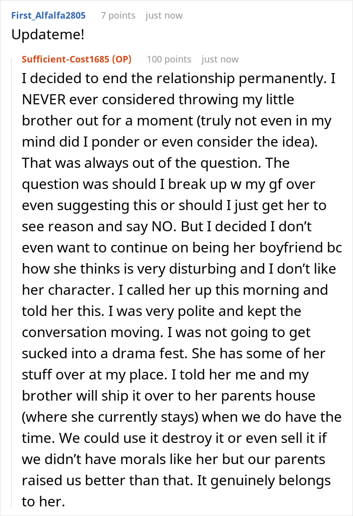 Reddit conversation showing a teen’s update about ending a toxic relationship while working two jobs to survive.