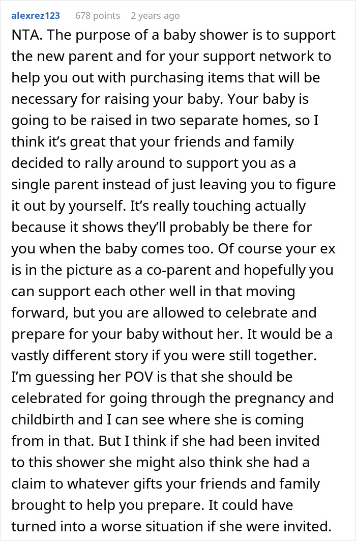 Comment discussing a man’s baby shower with friends and the pregnant ex accusing him of mocking her experience. - 18