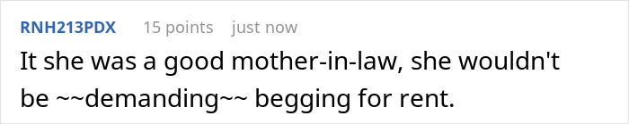 Comment about mother-in-law demanding rent from daughter-in-law in online discussion thread.