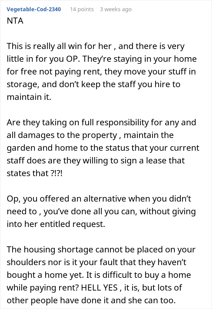 Comment discussing refusal to give home to sister, focusing on responsibility and not acting as a landlord or renter.
