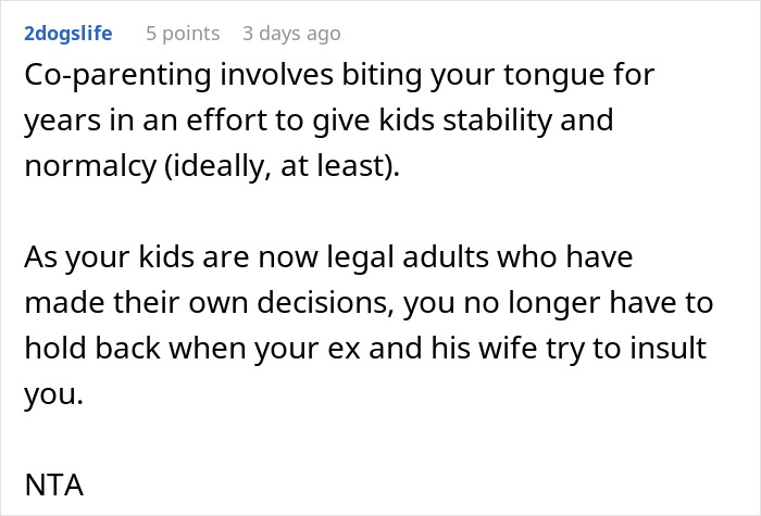 Text discussing challenges of co-parenting and kids choosing no-contact with a parent after marriage issues.