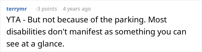 Comment about disabilities in a forum post discussing a disabled woman and driveway ownership dispute.