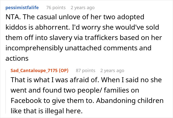 Reddit discussion about a mom of 6 trying to dump two adopted kids on ex during divorce, prompting CPS involvement.