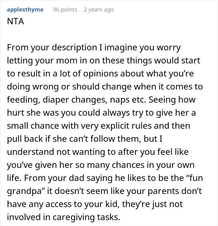Alt text: Comment discussing overprotective mom not allowed to help with baby while in-laws are trusted caregivers