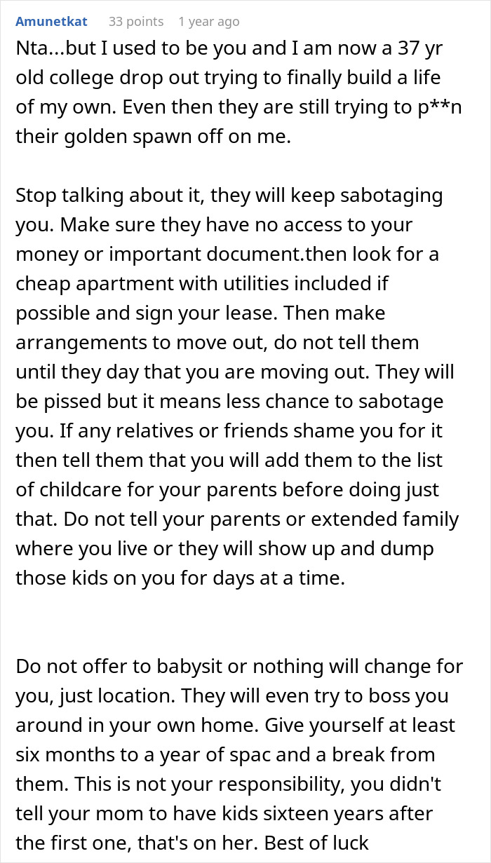 Text advice on moving out after being overwhelmed with caring for half-siblings, emphasizing personal responsibility and setting boundaries.