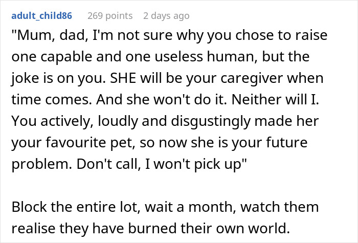 Reddit comment about sibling conflict involving a golden child stealing gifts and a brother's birthday being ruined.