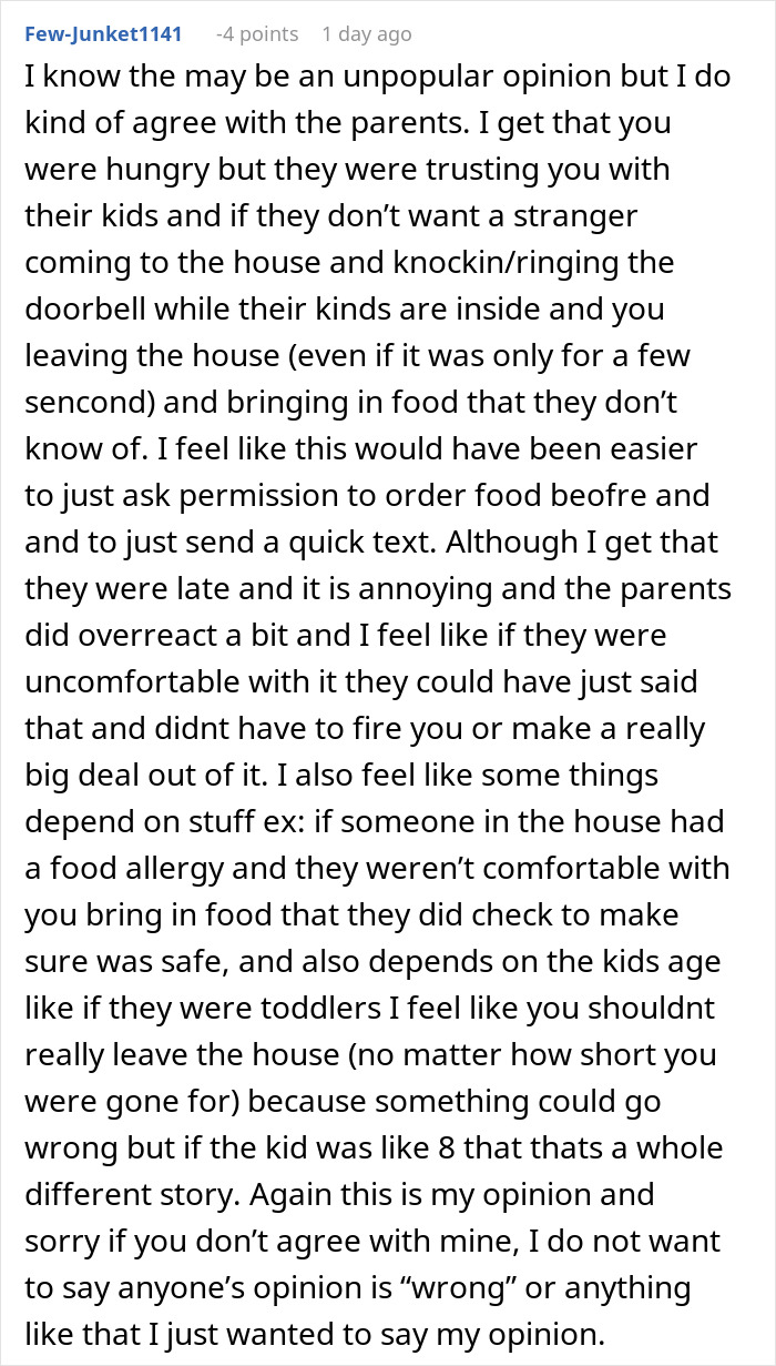 Reddit comment discussing the overreaction of parents when ordering DoorDash while babysitting kids. Reddit comment discussing the overreaction of parents when ordering DoorDash while babysitting kids.