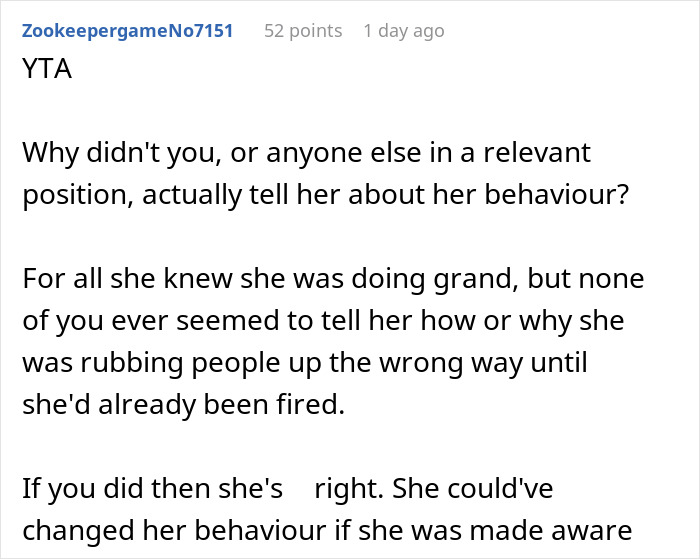 Screenshot of a forum comment discussing not telling a friend about getting fired leading to worse consequences.
