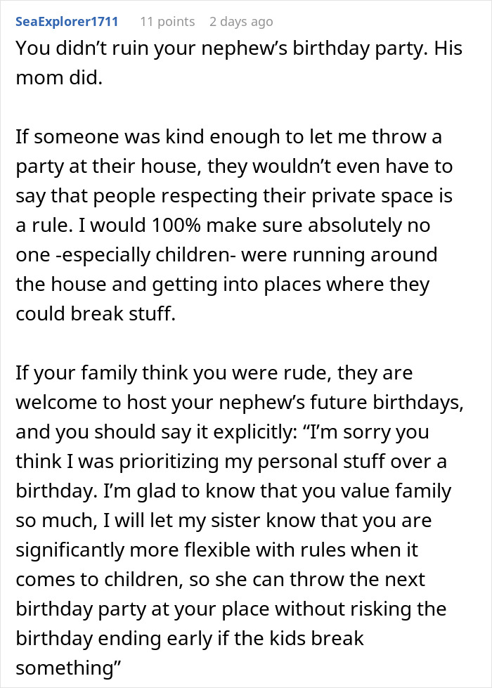 Comment discussing a woman upset after brother cut her son&rsquo;s party short due to a broken sentimental toy.