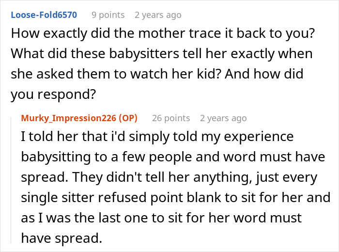 Conversation excerpt showing a family discussing blacklisted local babysitters refusing to watch their child.