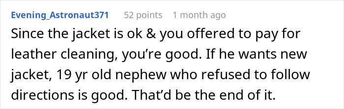 Screenshot of a Reddit comment discussing a woman refusing to replace nephew&rsquo;s jacket ruined by dog&rsquo;s accident after ignored warnings.