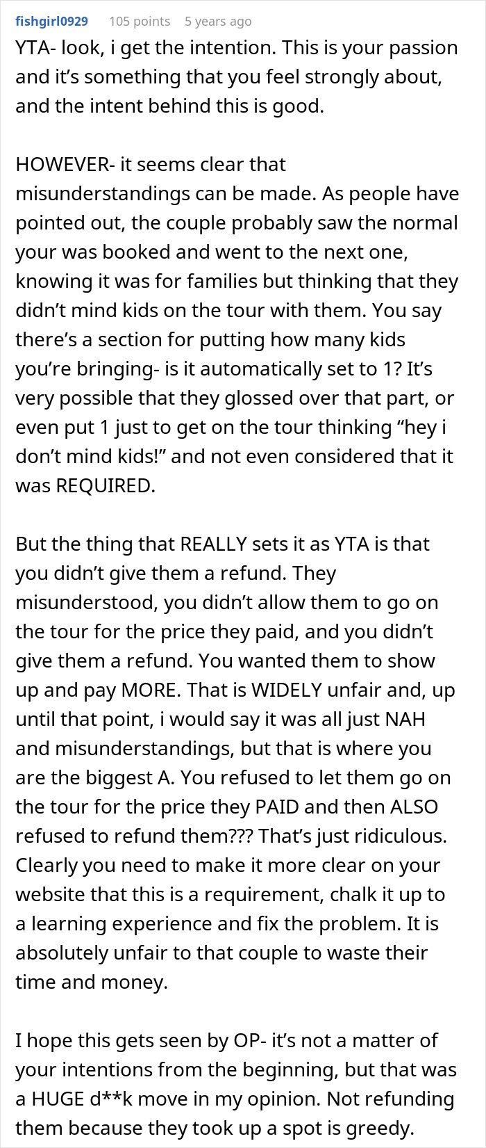 Screenshot of a detailed online comment discussing a tour company bombarded with bad reviews after turning away a childfree couple. - 36