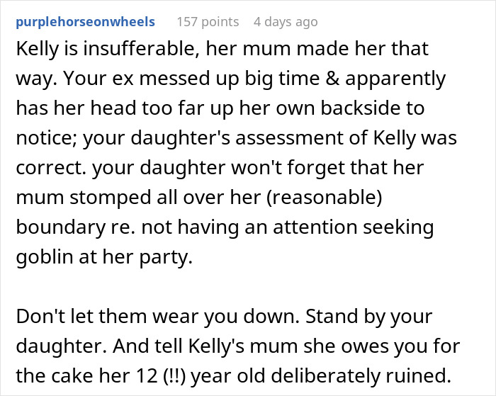 Screenshot of a Reddit comment discussing a mom inviting an unwanted guest to her daughter’s party and the fallout afterward. Screenshot of a Reddit comment discussing a mom inviting an unwanted guest to her daughter’s party and the fallout afterward.