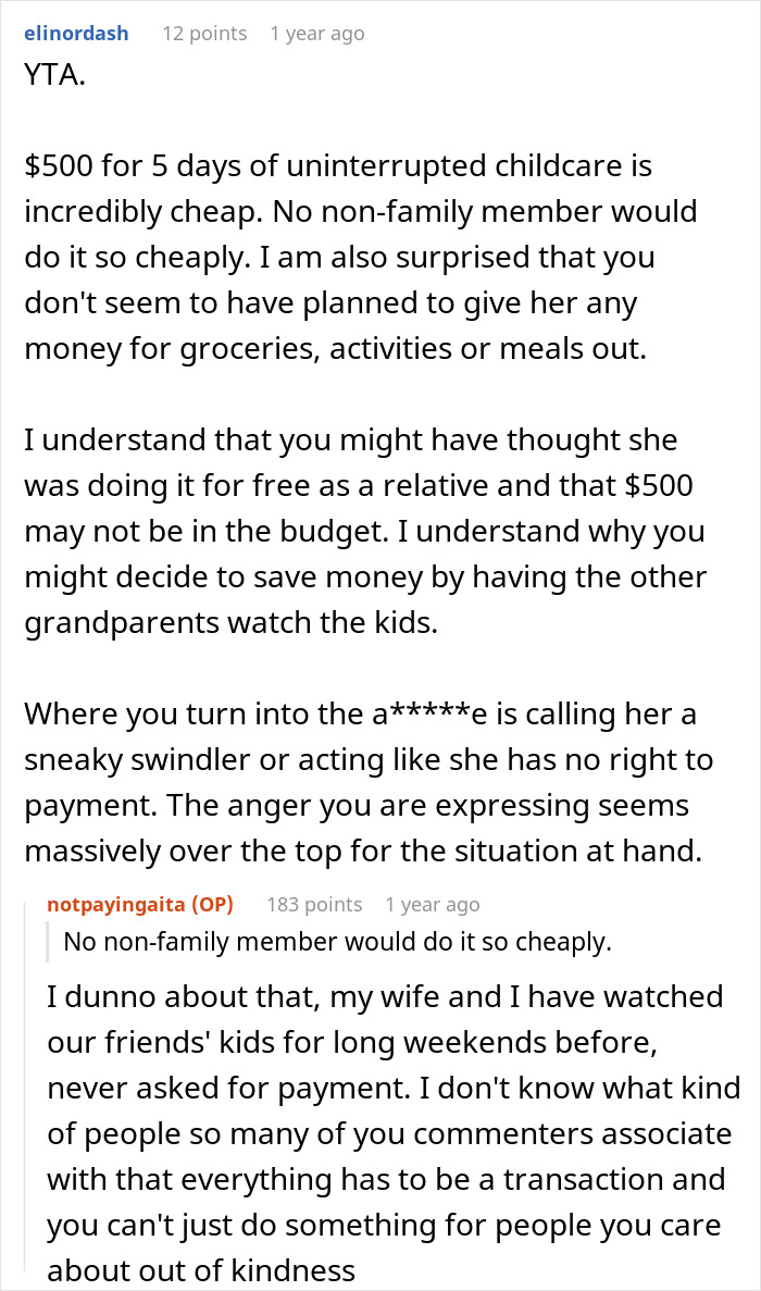Screenshot of an online discussion about refusing to pay MIL for babysitting a toddler, sharing opinions on childcare costs.