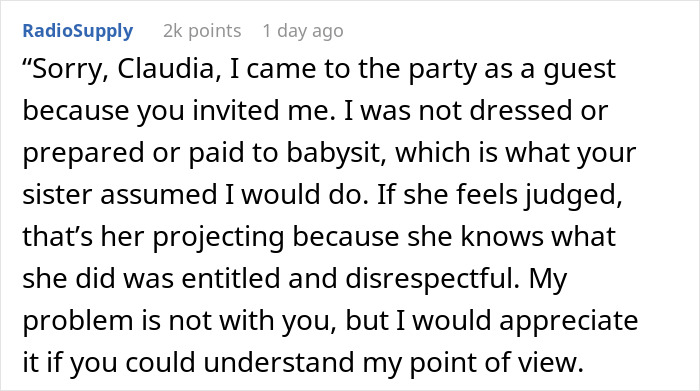 A woman leaves friend's party without saying goodbye after her sister unexpectedly uses her as a babysitter. - 10