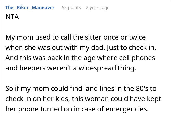Screenshot of a forum comment discussing a family blacklisted local babysitters and the importance of sitter communication in emergencies.