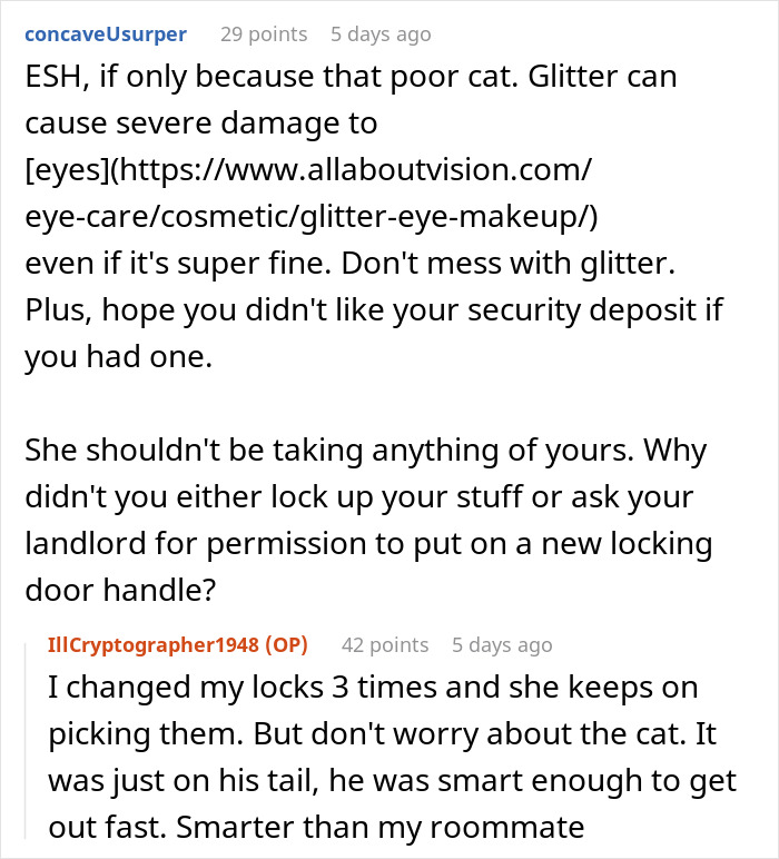 Reddit thread discussing woman putting glitter in roommate&rsquo;s humidifier after clothes theft and concerns about damage.