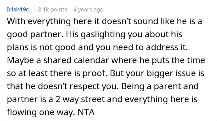 Comment discussing a man canceling plans for a cycle trip instead of watching his daughter, highlighting partnership issues. Comment discussing a man canceling plans for a cycle trip instead of watching his daughter, highlighting partnership issues.