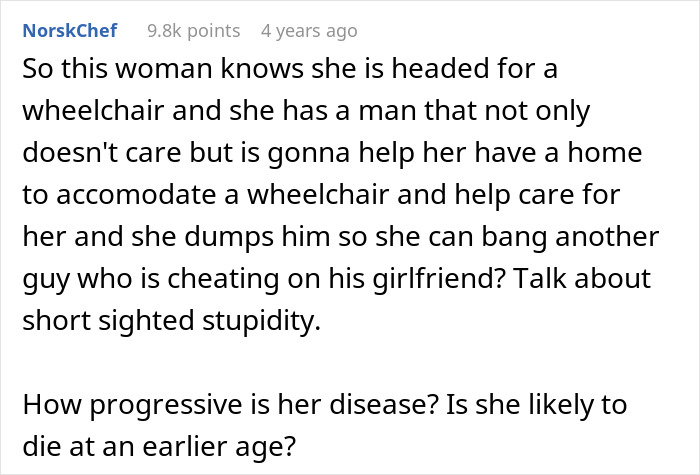 Text from a user discussing a fiancee leaving her partner after a cancer diagnosis and issues of care and loyalty. - 39