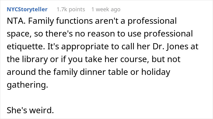 Comment discussing expectations around using the title doctor for an aunt with a PhD in family settings. - 21