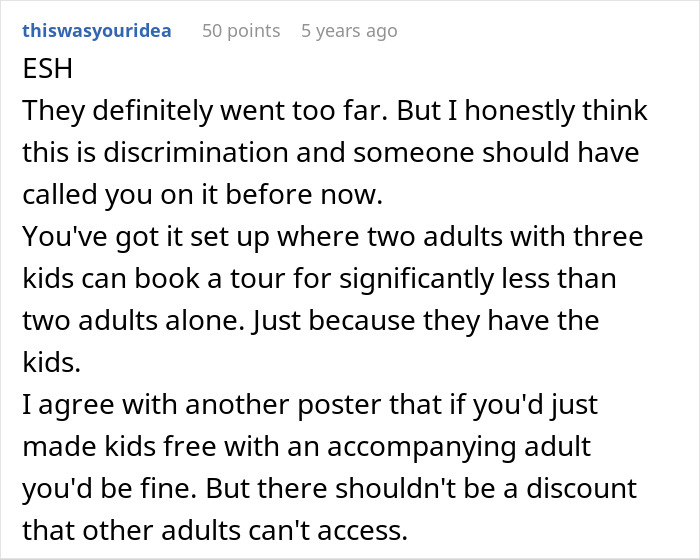 Screenshot of a forum comment discussing discrimination claims against a tour company accused of bias on family tours. - 33