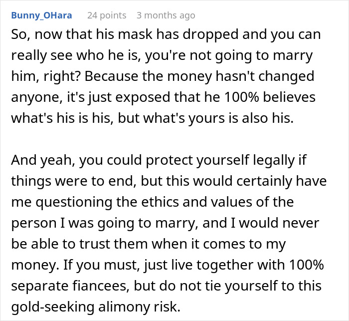 Comment discussing a guy demanding a prenup and changing his mind after woman gets seven-figure insurance coverage.