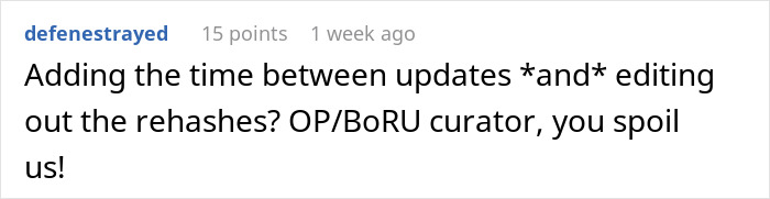 Comment on Reddit discussing time between updates and editing out rehashes in an online forum thread.