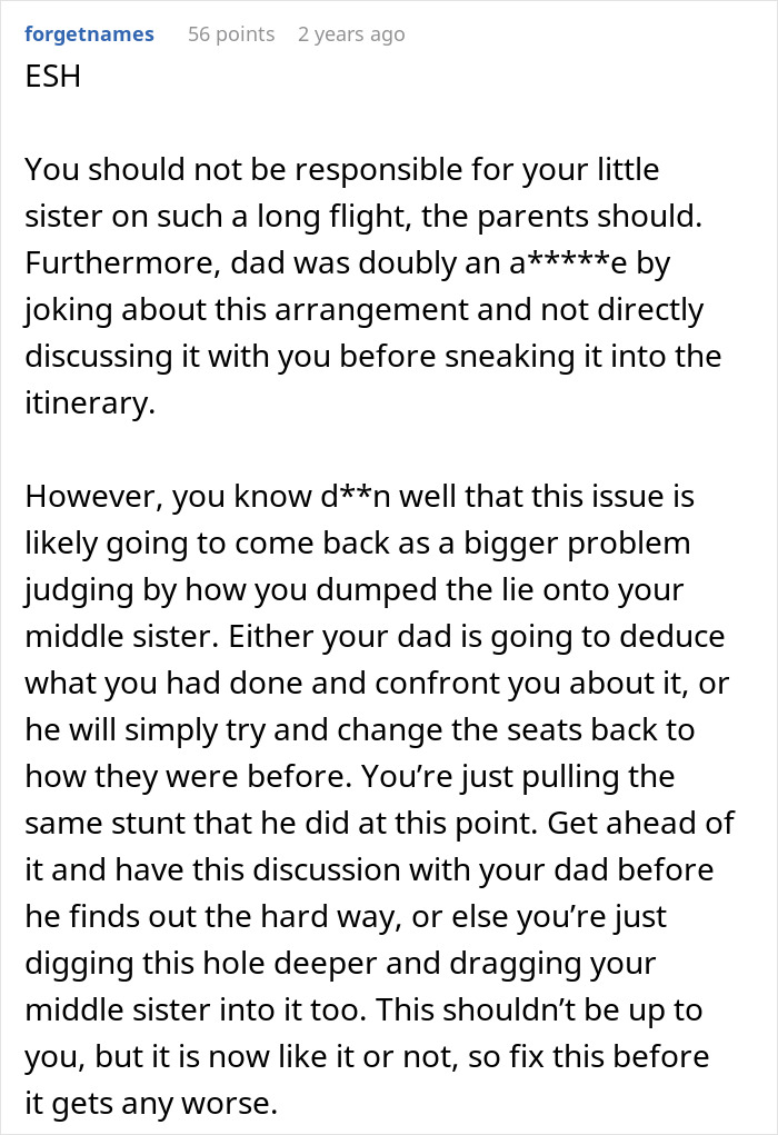 Alt text: Woman sneakily swapping seats to avoid babysitting little sister during family trip paid by dad in airplane cabin.