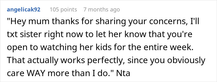 Screenshot of a Reddit comment where a person texts sister to babysit three kids for a week during a childfree vacation.