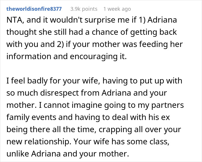 Comment discussing a man threatening to cut off his mother over her friendship with his vengeful ex. - 30