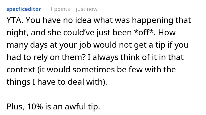Screenshot of a forum comment discussing tipping etiquette, addressing low tips and waitress shaming incidents.