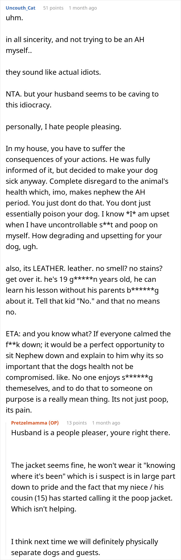Screenshot of a Reddit comment discussing a woman refusing to replace nephew&rsquo;s jacket ruined by dog accident.