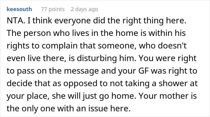 Screenshot of a Reddit comment discussing drama between a man, his girlfriend, and his mother over morning visits. Screenshot of a Reddit comment discussing drama between a man, his girlfriend, and his mother over morning visits.