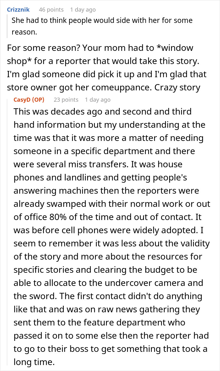 Screenshot of an online discussion about a mom closing down a gaming store over swords sold to her son. - 28
