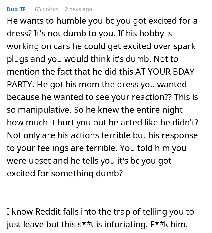 Reddit comment explaining how a jerk boyfriend tries to humble his girlfriend by buying her dream gift for someone else. - 28