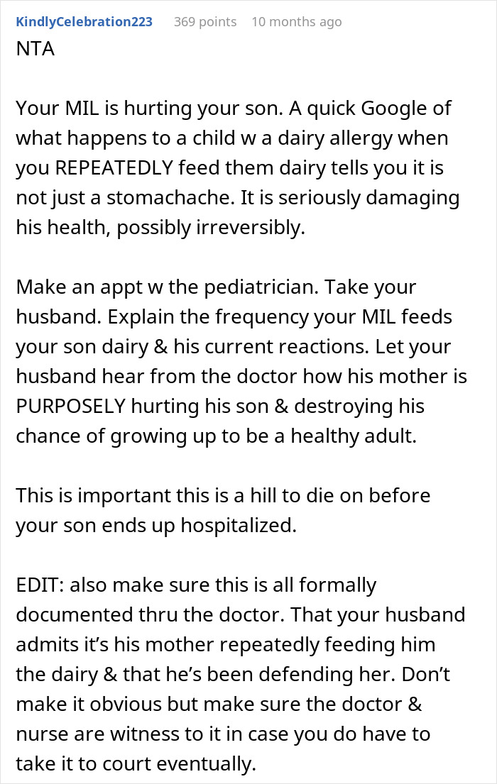 Comment discussing woman replacing MIL as caregiver after allergy incidents causing health risks and family legal threats.