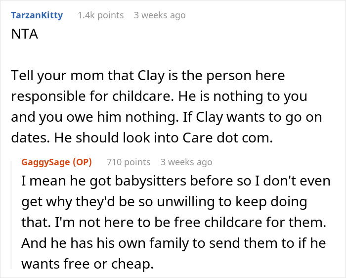 Reddit conversation about absentee mom expecting teen to babysit fianc&eacute;'s kids while they enjoy dates.