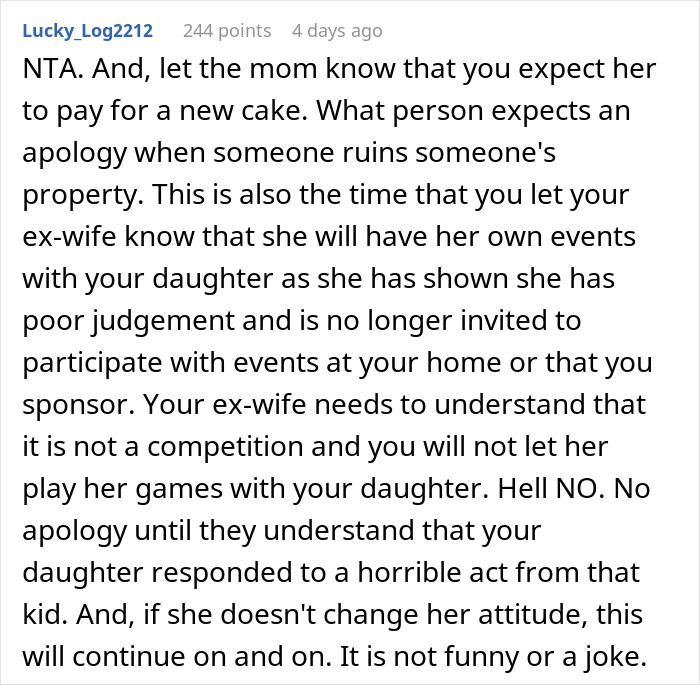 Comment discussing mom inviting unwanted guest to daughter's party and expecting an apology after it ends badly. Comment discussing mom inviting unwanted guest to daughter's party and expecting an apology after it ends badly.