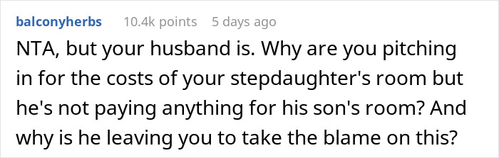 Screenshot of a comment discussing a mom putting more effort into her son's room than her step-daughter’s room. - 17