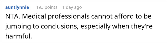 Comment on AITAH post discussing conflict involving a nurse and a family-related accusation in a medical setting. Comment on AITAH post discussing conflict involving a nurse and a family-related accusation in a medical setting.