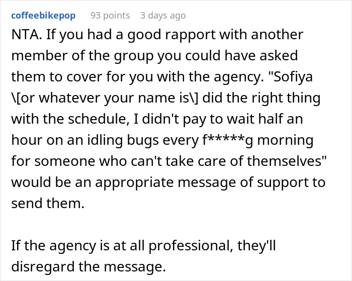 Reddit comment discussing a tourist who oversleeps multiple days and blames the guide for not waking her. - 34