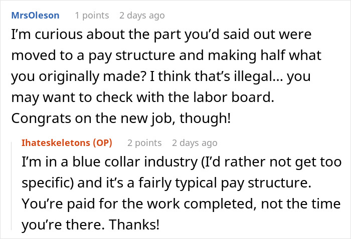 Screenshot of a forum conversation discussing employee wage reduction and company pay structure in a blue collar industry. - 18