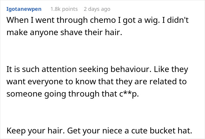 Text comment discussing family upset over 17-year-old refusing to shave head to support 7-year-old with cancer.