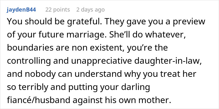 Reddit comment discussing boundaries and tension over MIL having house key without fiancee’s knowledge. - 23
